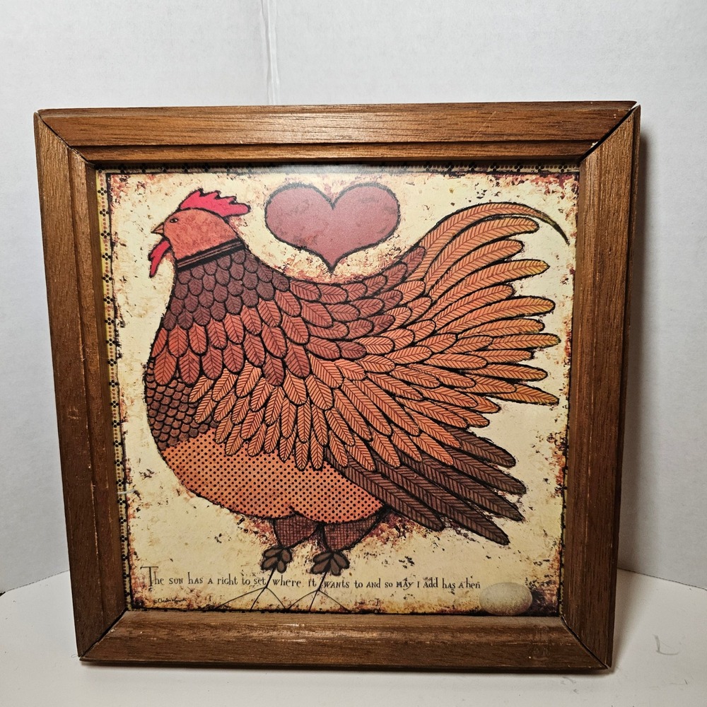 Vintage Charles Wysocki Hen‎ Heart Folk Art Wood Fram Print 9x9 Farmhouse Decor